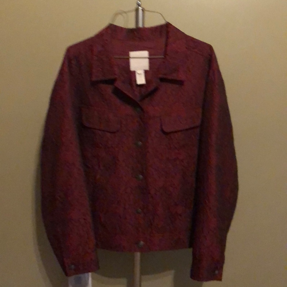 Deep burgundy bomber jacket.